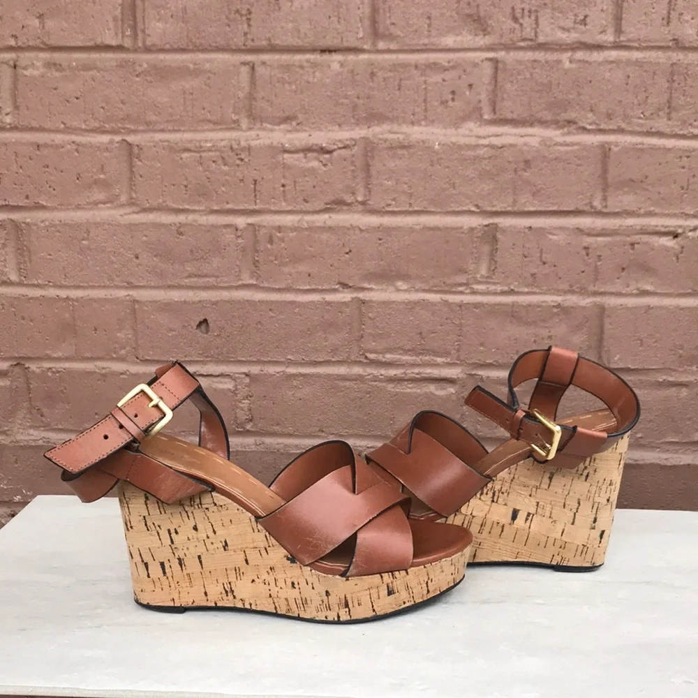 Tahari Tan Leather Cork Platform Wedge Sandals